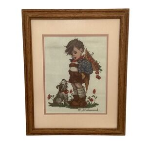 M.J. Hummel Framed Cross Stitch Art Boy w/ Dog Oak Frame 12.75x16 Vintage Decor
